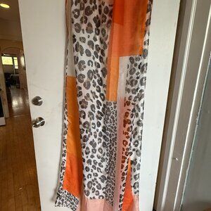 Lightweight Leopard & Colorblock Scarf – Orange Neutral Wrap – Oversized